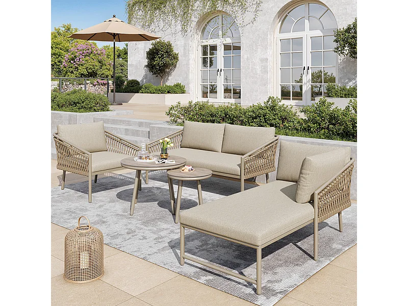 Modulares Gartenlounge-Set Metall: 1 2-Sitzer Sofa, 1 Relaxliege, 1 Sessel + 2 runde Couchtische aus Sicherheitsglas - Khaki