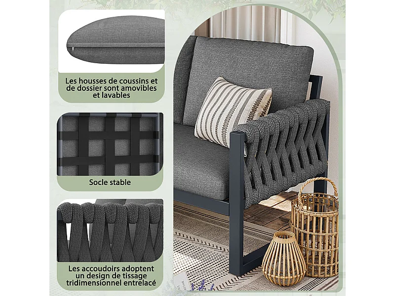 Salon de jardin 5-6 places en métal: canapé d'angle modulable et tables gigognes - Gris