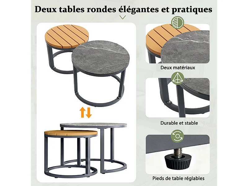 Salon de jardin 5-6 places en métal: canapé d'angle modulable et tables gigognes - Gris
