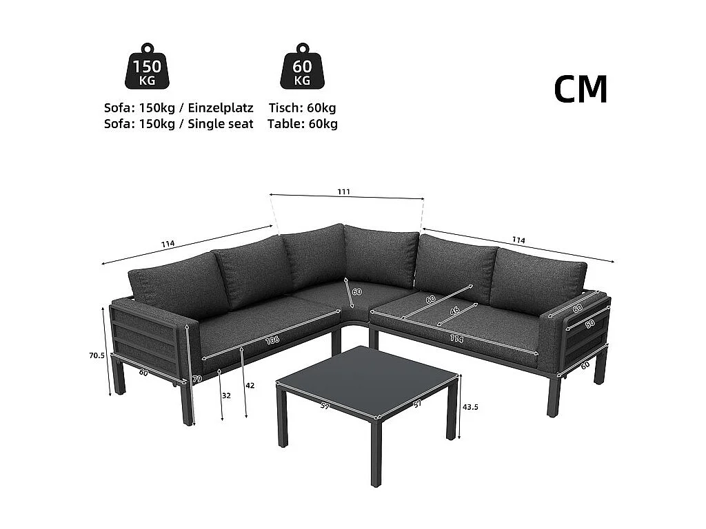 Salon de jardin en métal: canapé 4-5 places d'angle modulable, table basse en verre trempé - Gris
