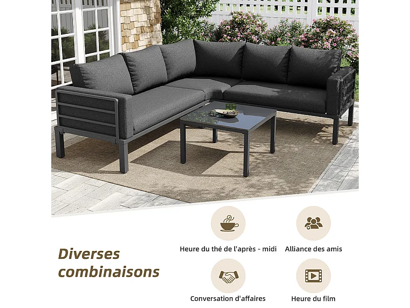 Salon de jardin en métal: canapé 4-5 places d'angle modulable, table basse en verre trempé - Gris