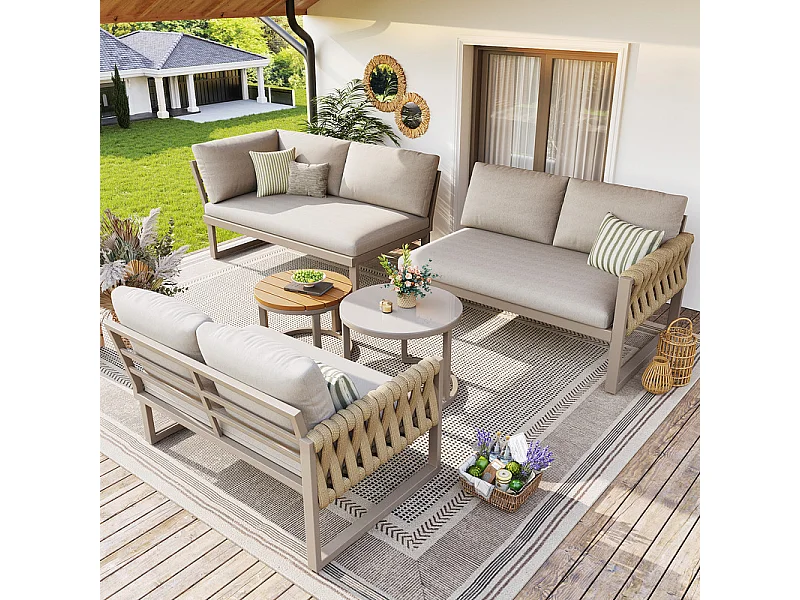 Salon de jardin 5-6 places en métal: canapé d'angle modulable et tables gigognes - Beige