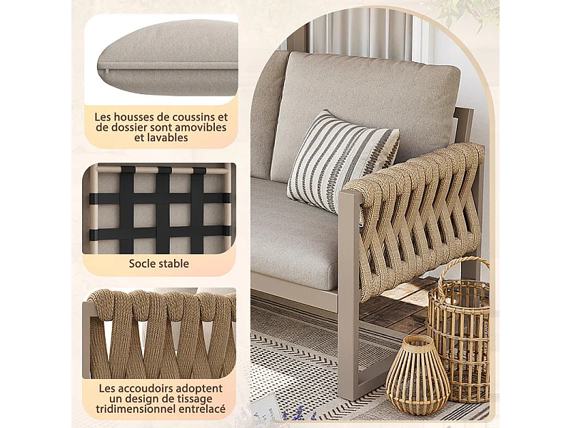 Salon de jardin 5-6 places en métal: canapé d'angle modulable et tables gigognes - Beige