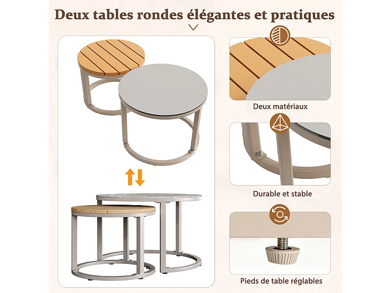 Salon de jardin 5-6 places en métal: canapé d'angle modulable et tables gigognes - Beige