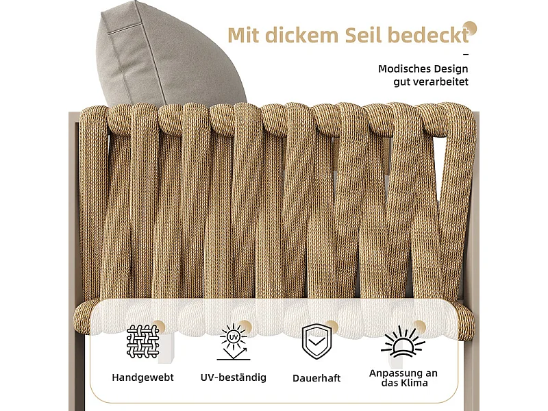 Salon de jardin 8 places en métal: canapé d'angle modulable, 1 fauteuil, 1 tabouret et table basse - Beige