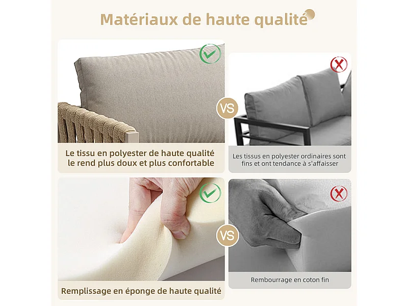 Salon de jardin 8 places en métal: canapé d'angle modulable, 1 fauteuil, 1 tabouret et table basse - Beige