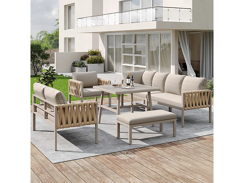 Salon de jardin 8 places en métal: canapé d'angle modulable, 1 fauteuil, 1 tabouret et table basse - Beige