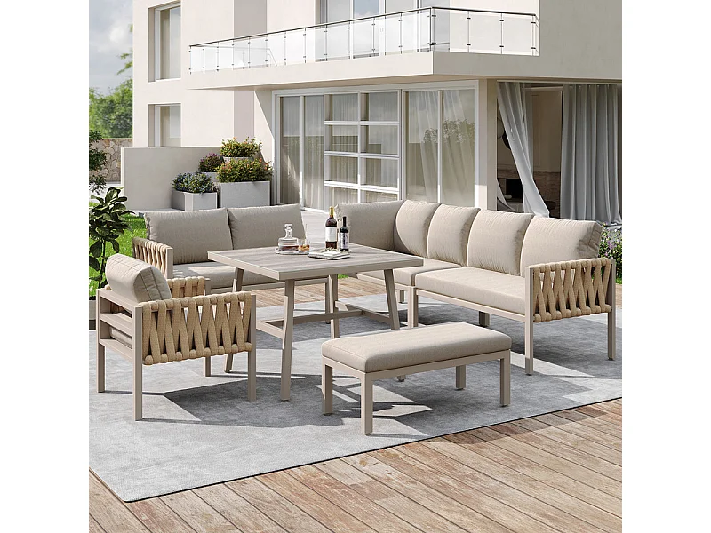 Salon de jardin 8 places en métal: canapé d'angle modulable, 1 fauteuil, 1 tabouret et table basse - Beige