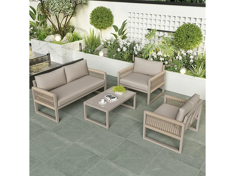 Salon de jardin 4 places en métal: 1 canapé 2 places, 2 fauteuils et table basse en verre trempé - Kaki