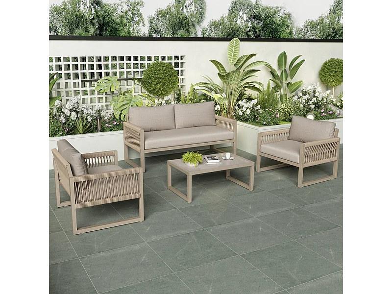 Salon de jardin 4 places en métal: 1 canapé 2 places, 2 fauteuils et table basse en verre trempé - Kaki