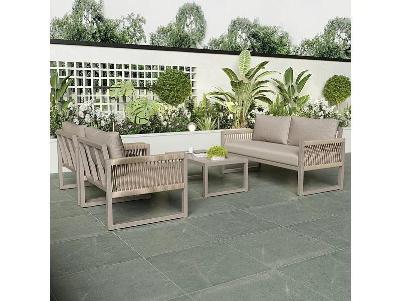 Salon de jardin 4 places en métal: 1 canapé 2 places, 2 fauteuils et table basse en verre trempé - Kaki