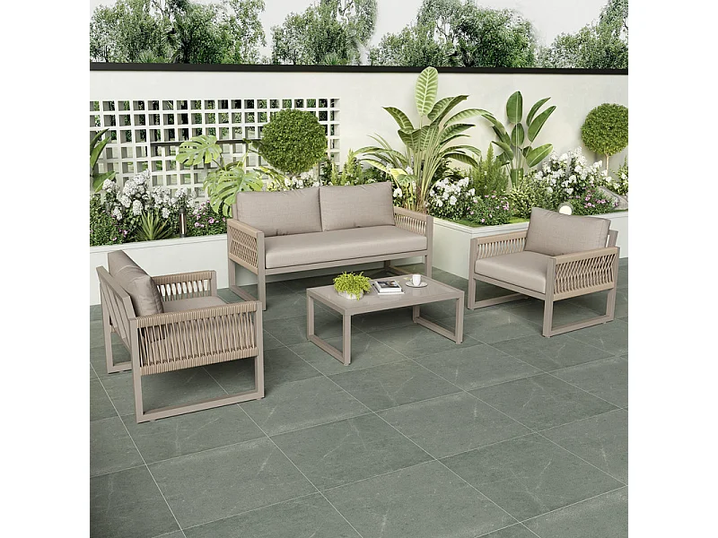 Salon de jardin 4 places en métal: 1 canapé 2 places, 2 fauteuils et table basse en verre trempé - Kaki