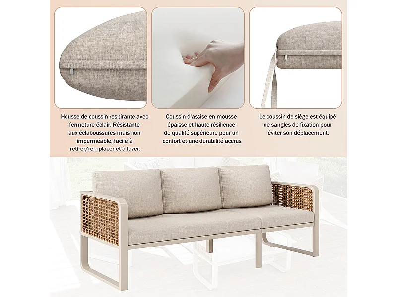 6-7 Sitzige Gartenlounge Metall: 1 3-Sitzer Sofa, 2 Sessel, 1 Hocker und Couchtisch - Beige