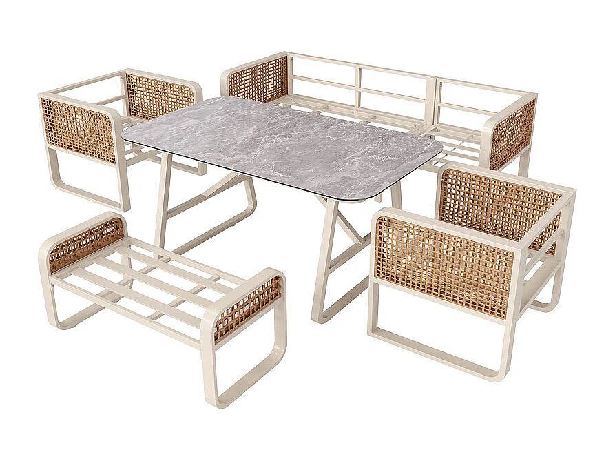 6-7 Sitzige Gartenlounge Metall: 1 3-Sitzer Sofa, 2 Sessel, 1 Hocker und Couchtisch - Beige