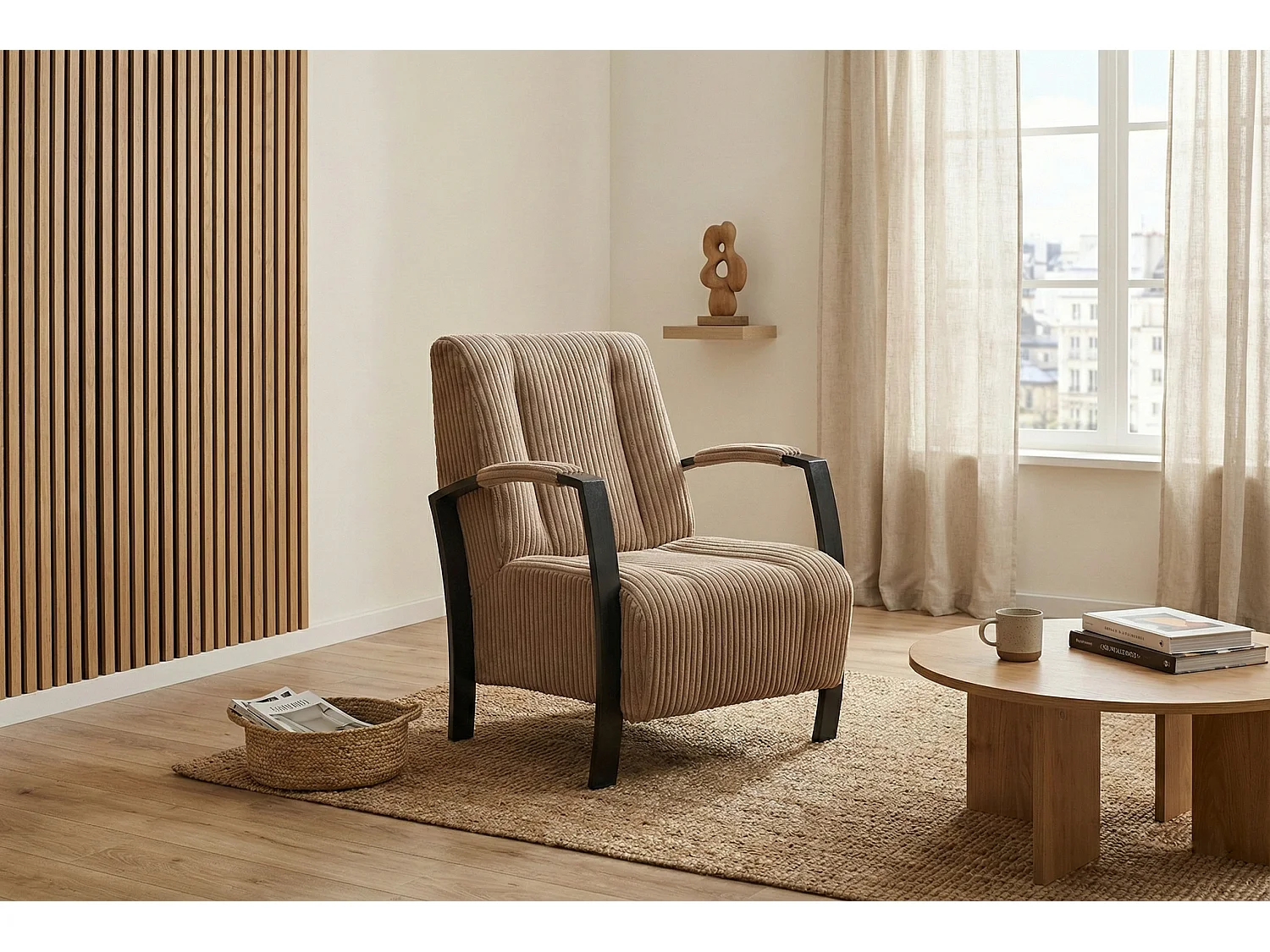 Fauteuil moderne en tissu couleur marron clair – style contemporain - Looft