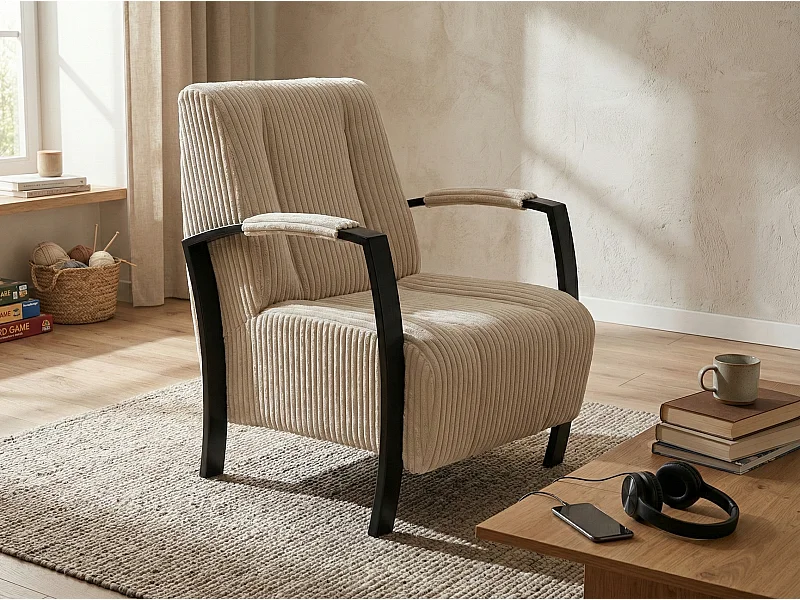 Moderne fauteuil van beige stof – eigentijdse stijl - Looft