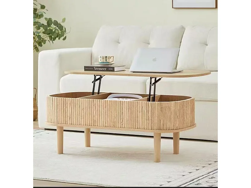 Table Basse, Table de Salon Tendance en Bois – Plateau Relevable avec Vérin Pneumatique Robuste, 3 Espaces de Rangement Cachés – Idéale pour Télétravail – 100 x 40