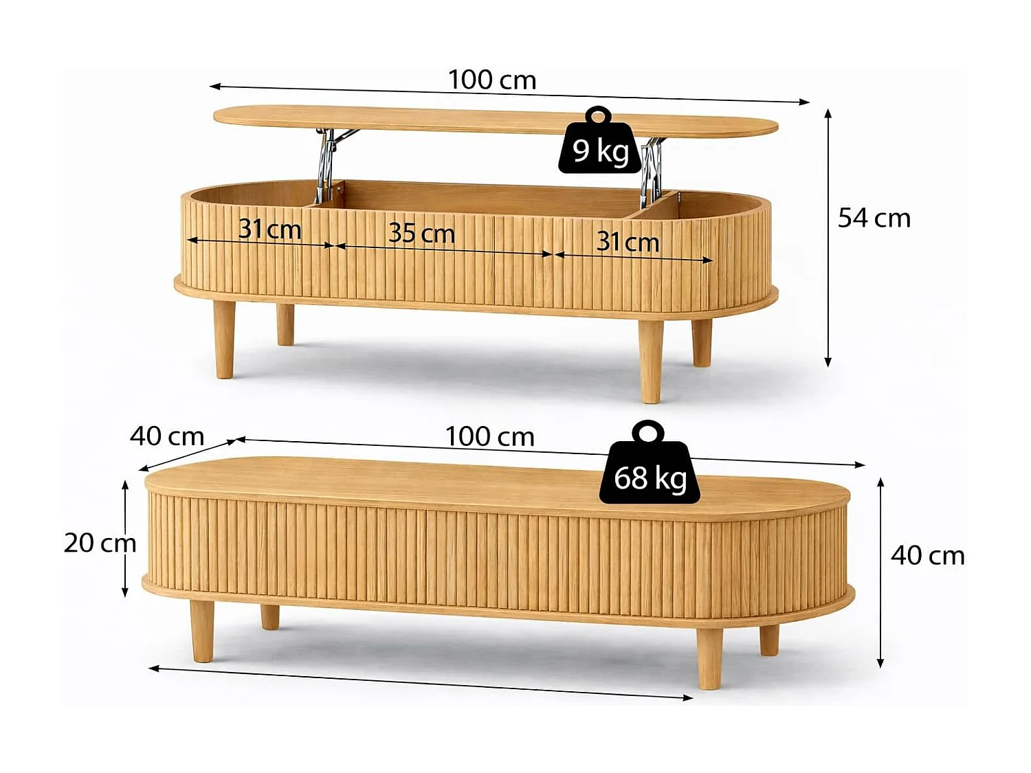 Table Basse, Table de Salon Tendance en Bois – Plateau Relevable avec Vérin Pneumatique Robuste, 3 Espaces de Rangement Cachés – Idéale pour Télétravail – 100 x 40