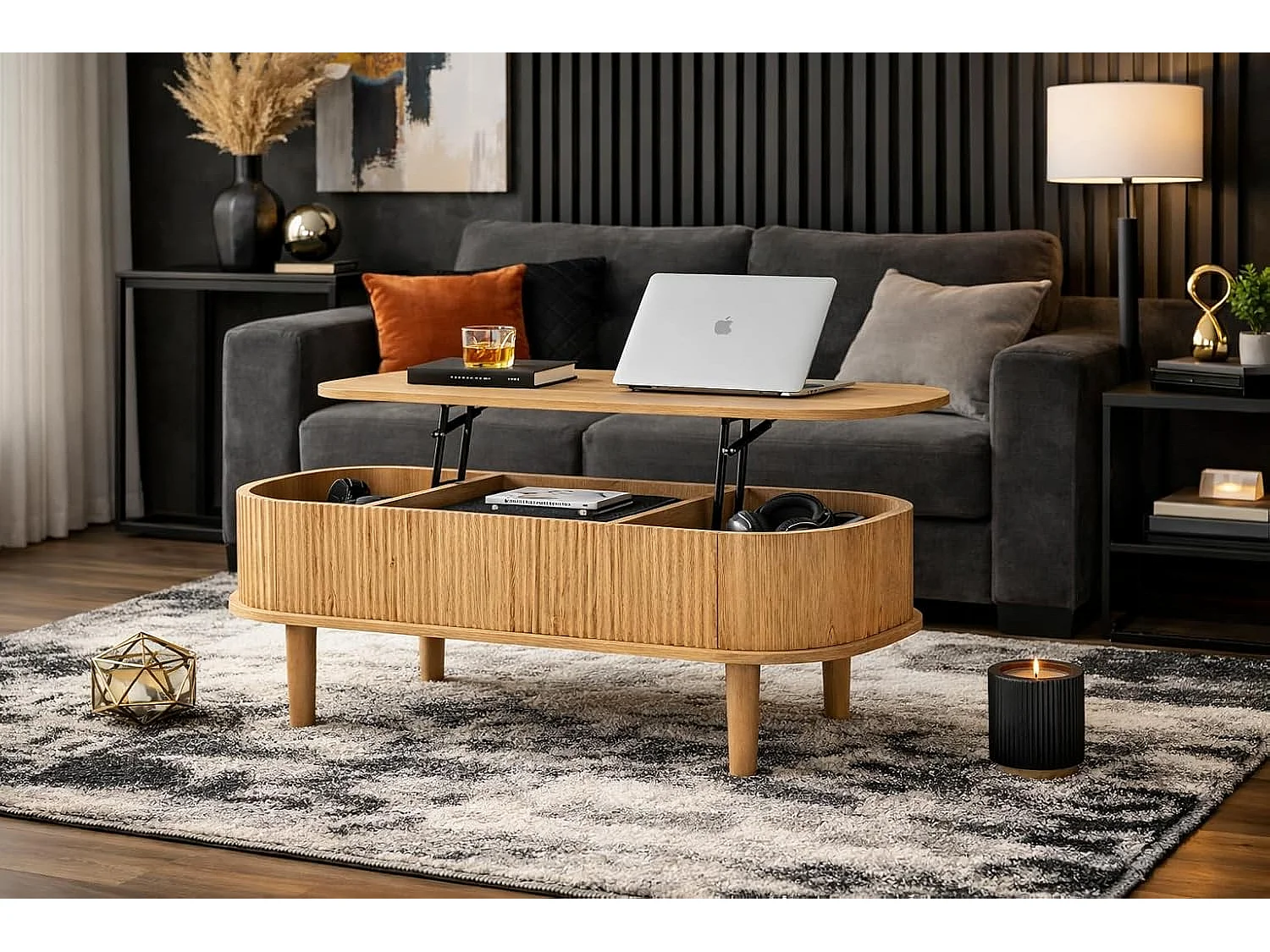 Table Basse, Table de Salon Tendance en Bois – Plateau Relevable avec Vérin Pneumatique Robuste, 3 Espaces de Rangement Cachés – Idéale pour Télétravail – 100 x 40
