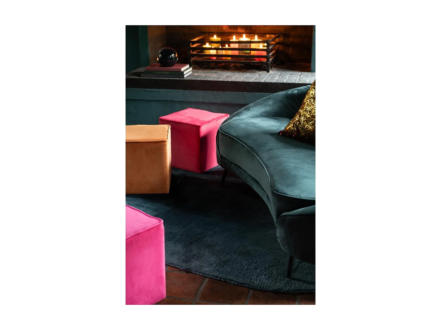 Pouf Carré en Velours "Pumpkin" 37cm Rose Vif