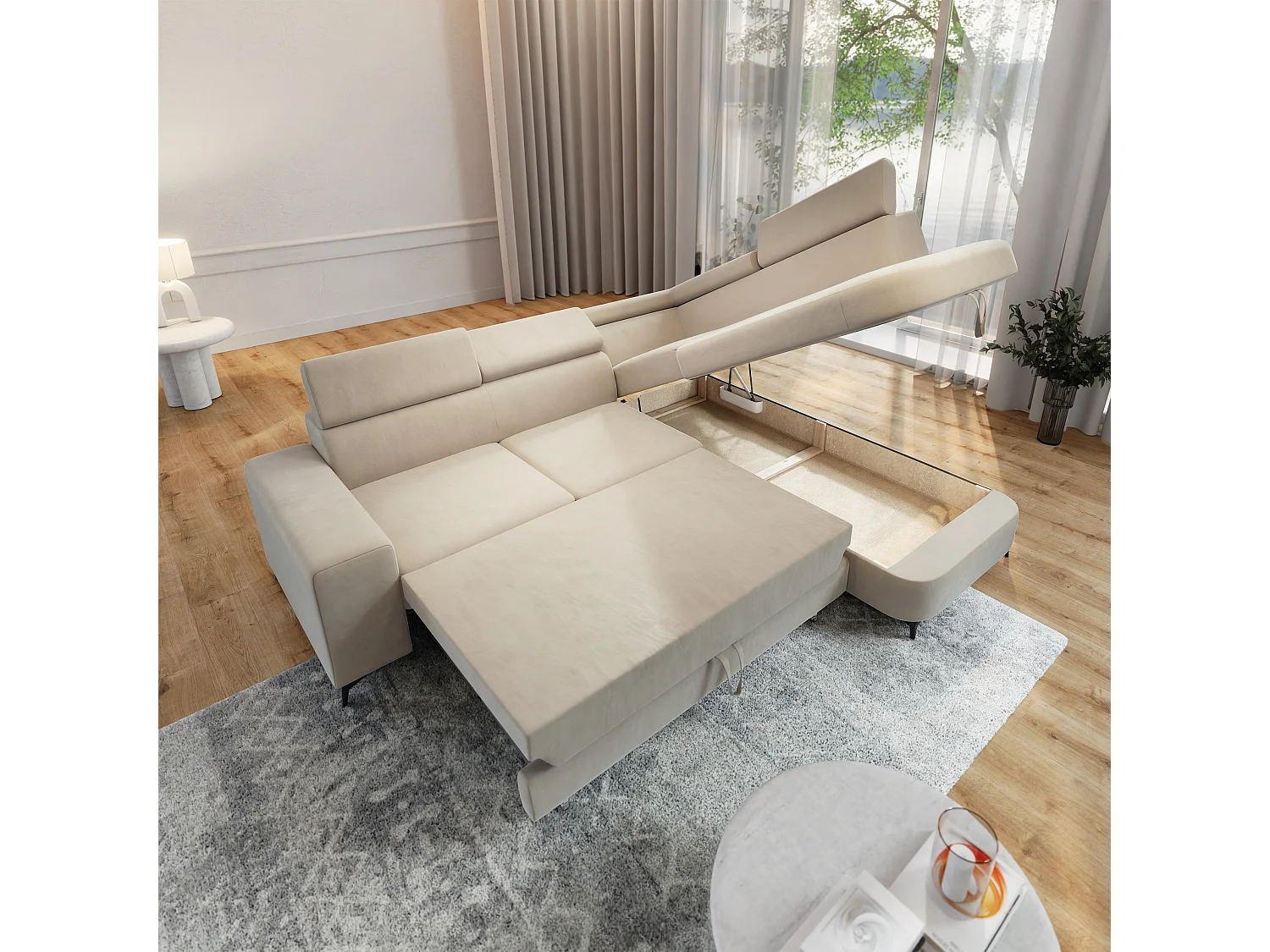 Hoekbank ALVORO van fluweel met slaapfunctie Creme