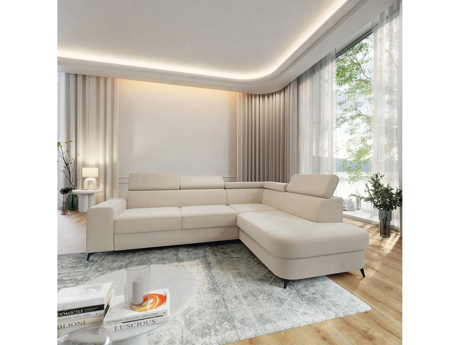 Hoekbank ALVORO van fluweel met slaapfunctie Creme