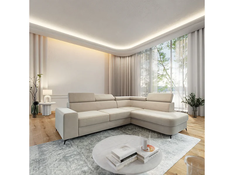 Hoekbank ALVORO van fluweel met slaapfunctie Creme