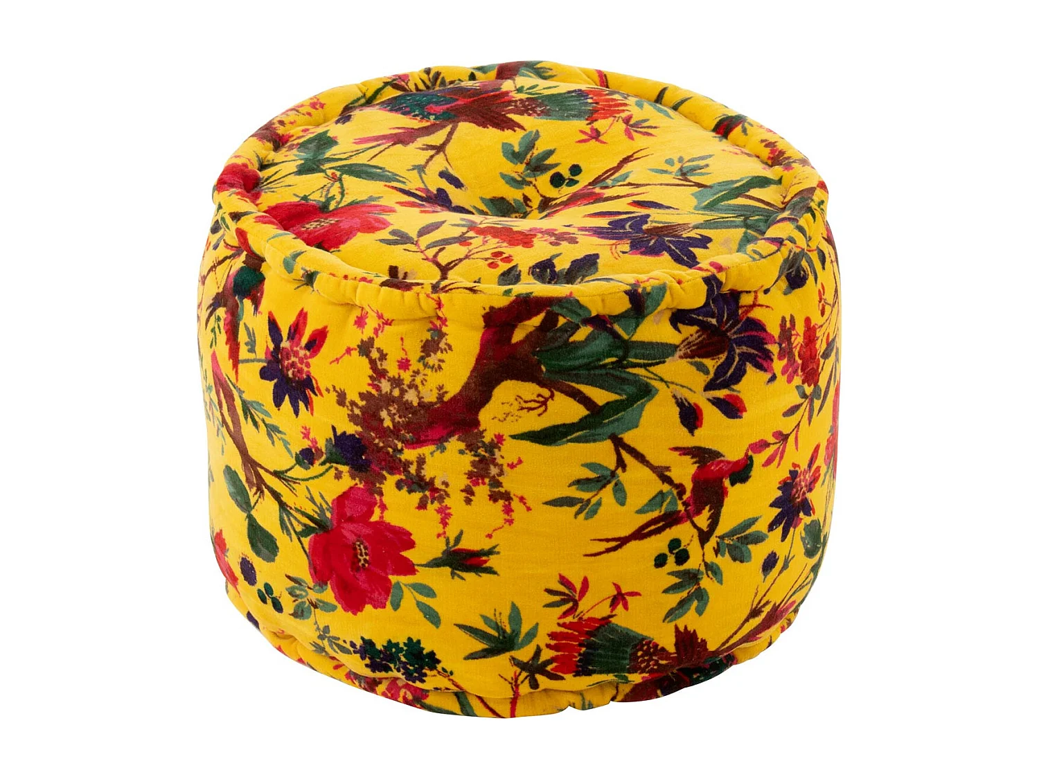 Pouf en Velours "Oiseaux Fleurs" 40cm Jaune
