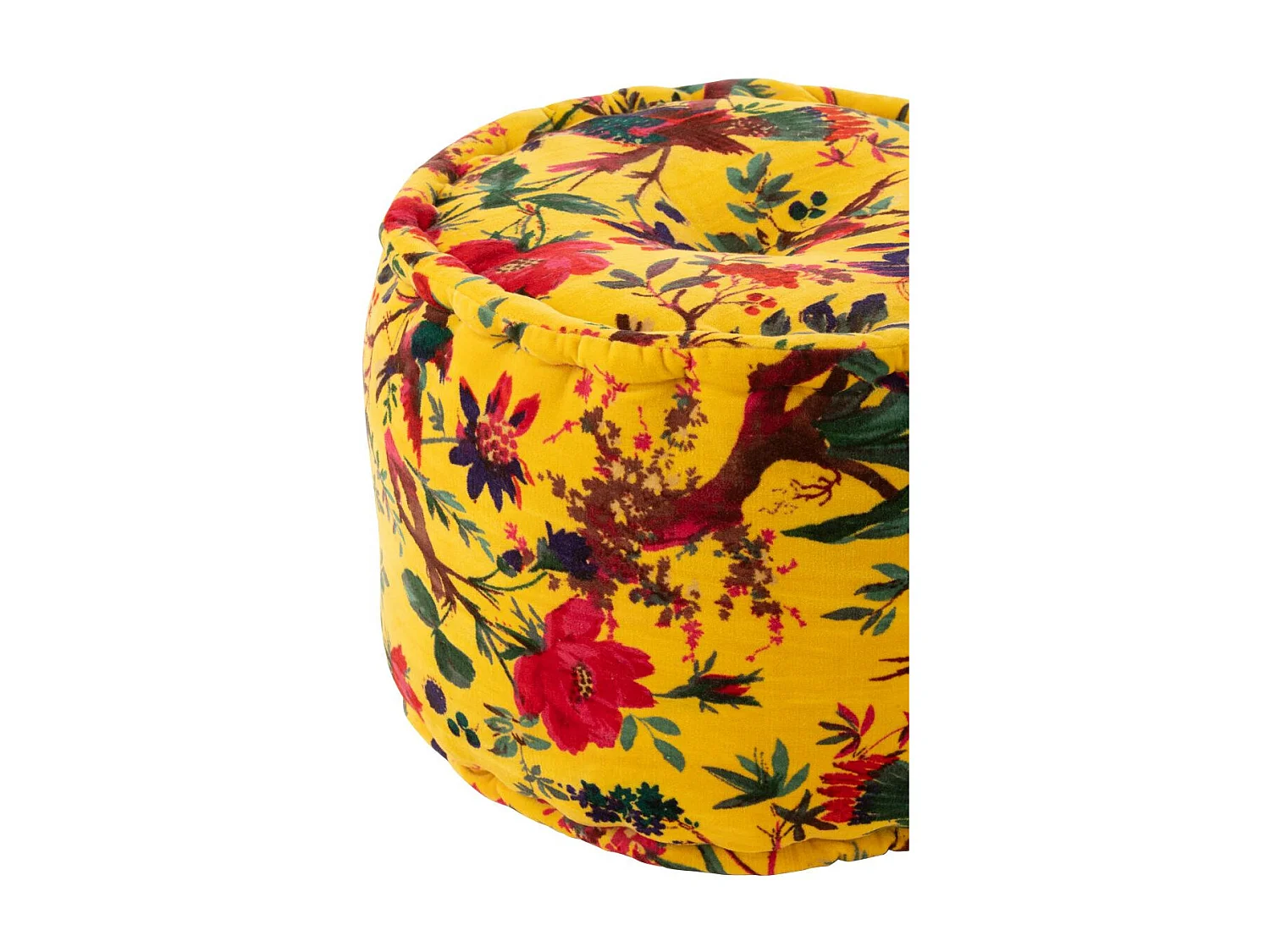Pouf en Velours "Oiseaux Fleurs" 40cm Jaune