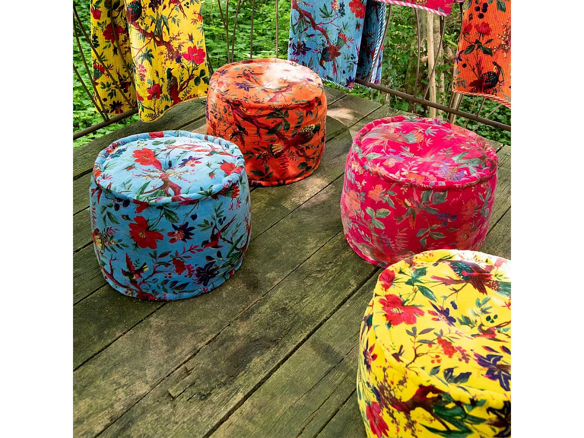 Pouf en Velours "Oiseaux Fleurs" 40cm Jaune