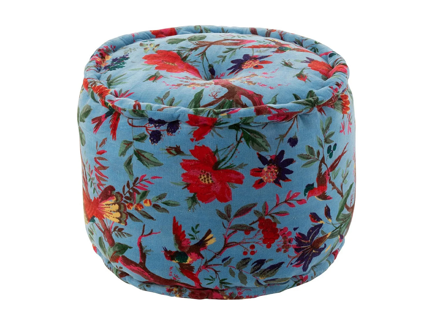 Pouf en Velours "Oiseaux Fleurs" 40cm Bleu