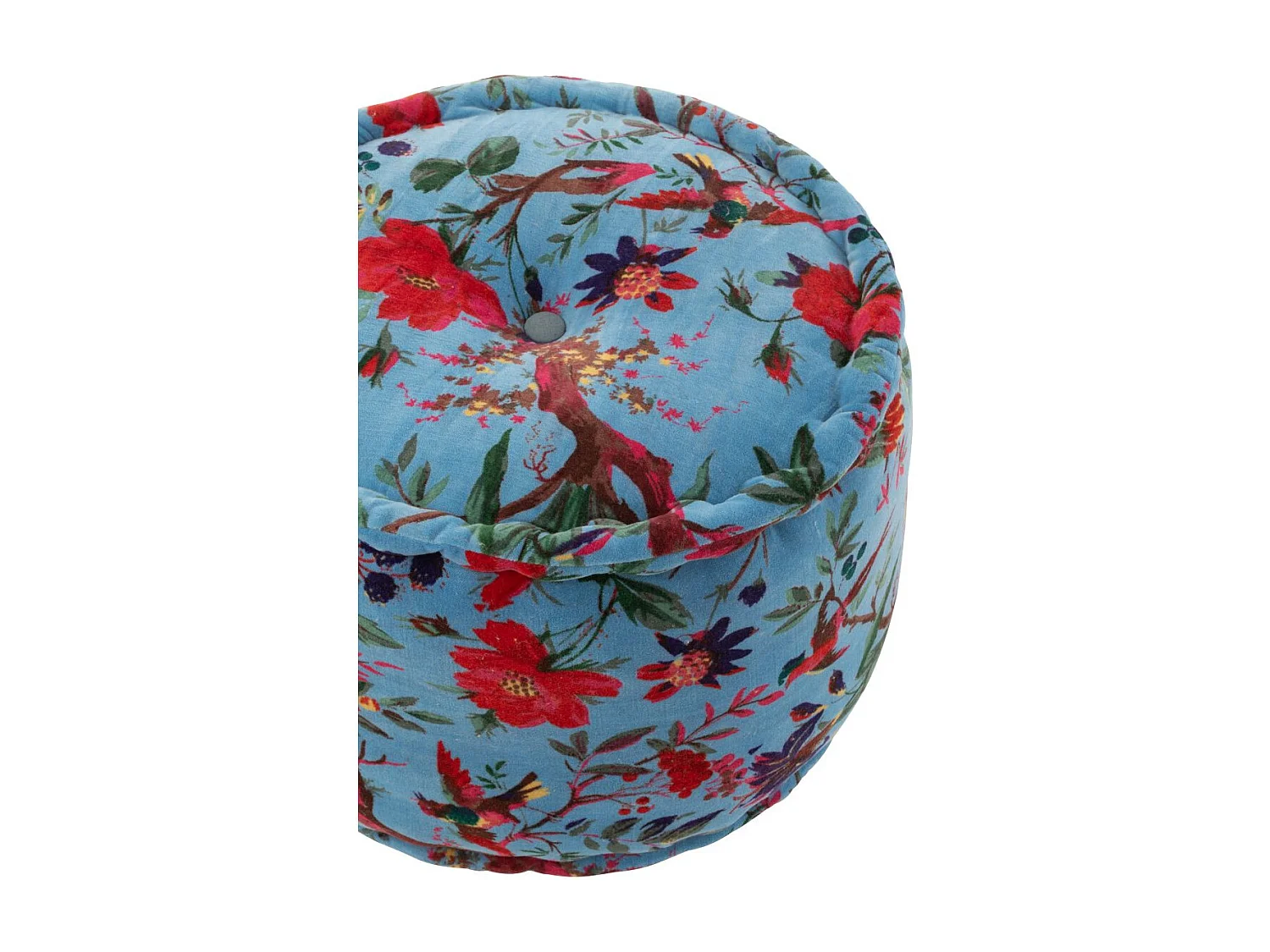 Pouf en Velours "Oiseaux Fleurs" 40cm Bleu