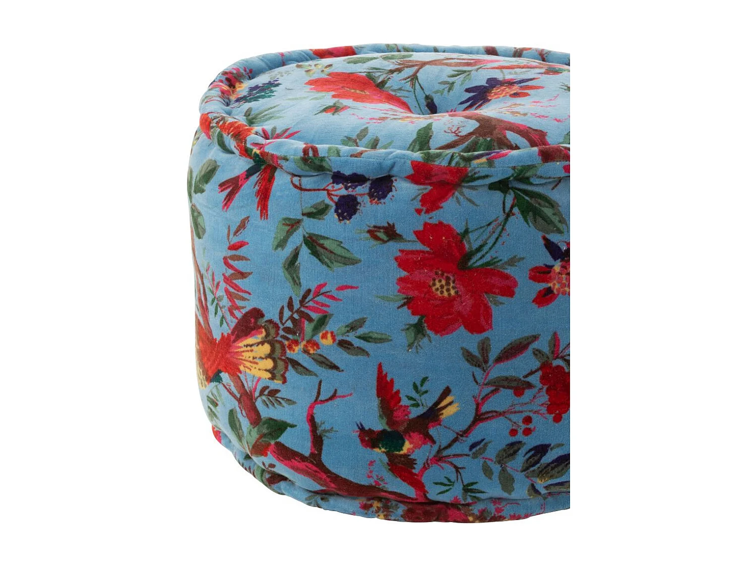 Pouf en Velours "Oiseaux Fleurs" 40cm Bleu