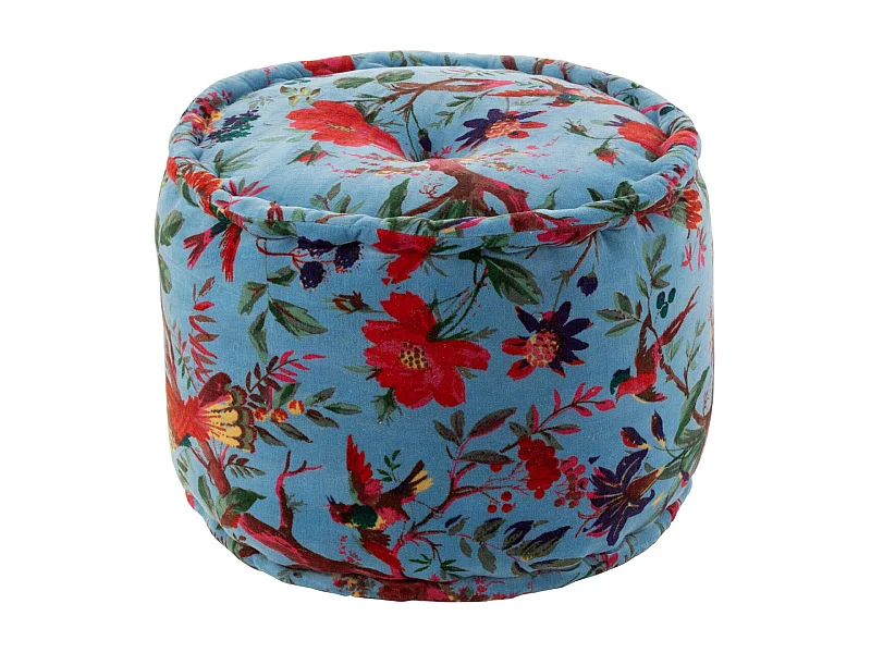 Pouf en Velours "Oiseaux Fleurs" 40cm Bleu