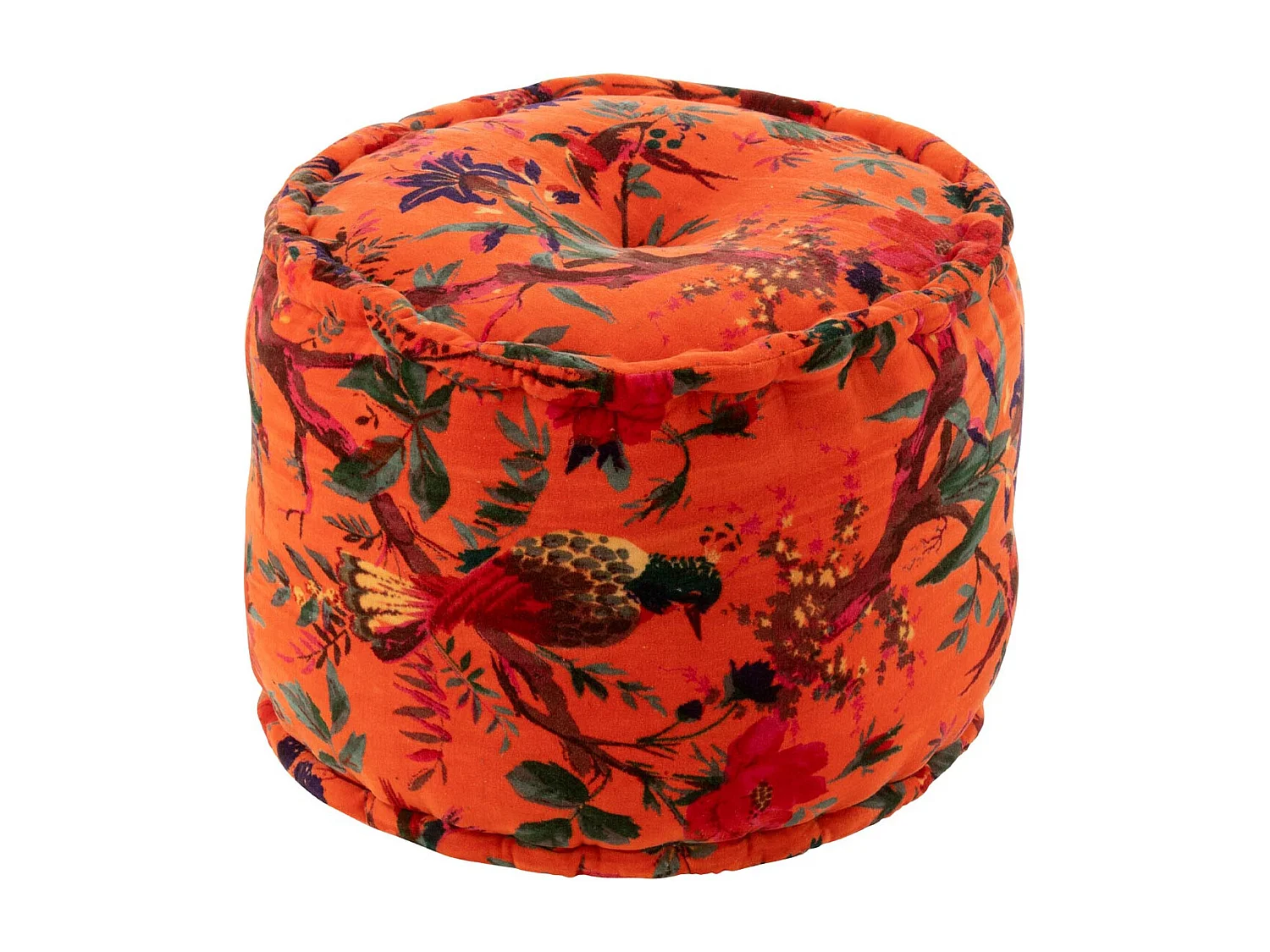 Pouf en Velours "Oiseaux Fleurs" 40cm Orange