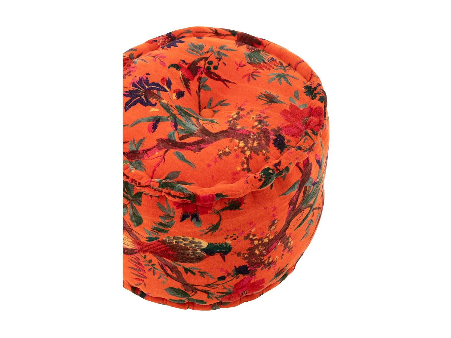 Pouf en Velours "Oiseaux Fleurs" 40cm Orange