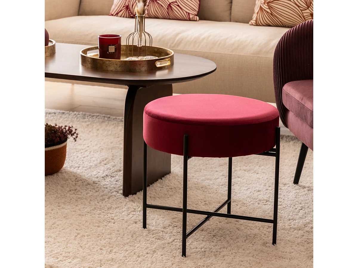 Tabouret Rond en Velours "Arty" 47cm Rouge Rubis