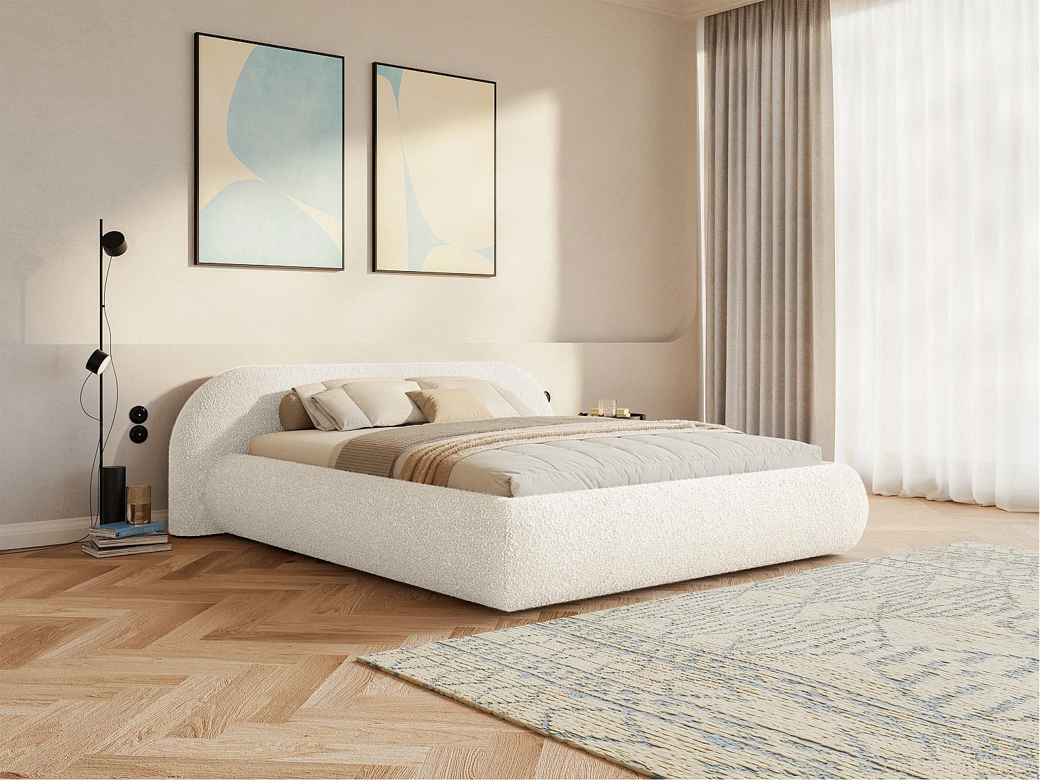 Polsterbett 140x200 mit Bettkasten – Bouclé – Creme – SHELS LOW