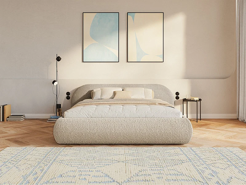 Lit rembourré 140x200 – en bouclé – beige clair – SHELS LOW