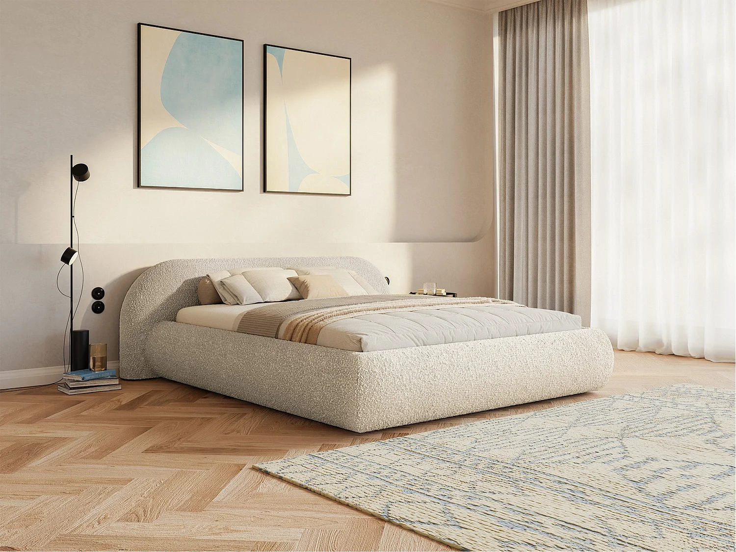 Polsterbett 140x200 mit Bettkasten – Bouclé – Hellbeige – SHELS LOW