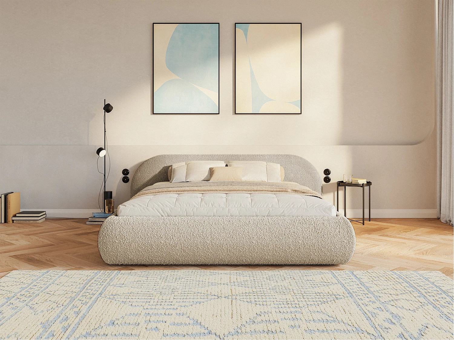 Lit rembourré 140x200 – avec coffre – en bouclé – beige clair – SHELS LOW