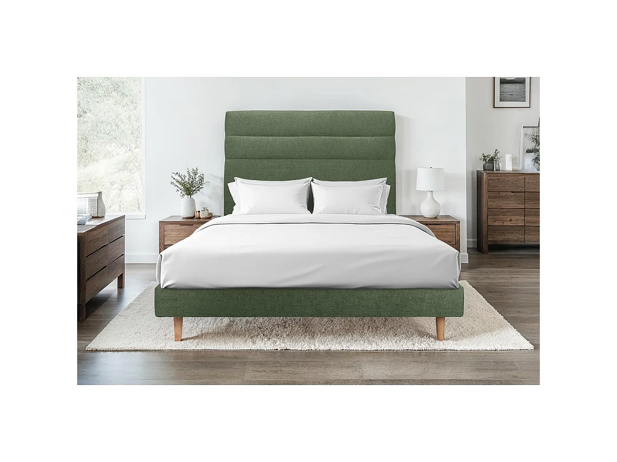 Lit 200x200cm avec tête de lit lignes tissu et sommier kit vert - Hauteur totale : 29cm