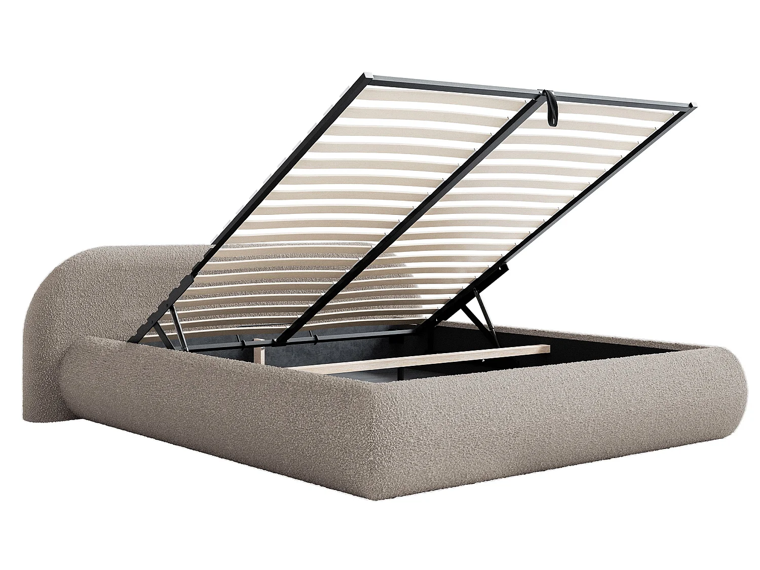 Polsterbett 140x200 mit Bettkasten – Bouclé – Graubeige – SHELS LOW