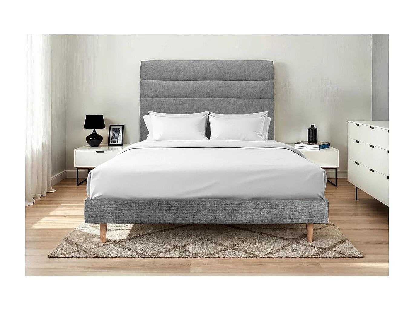 Lit 200x200cm avec tête de lit lignes tissu et sommier kit gris anthracite - Hauteur totale : 29cm