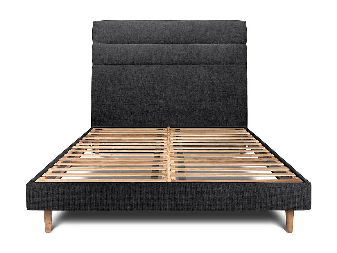 Lit 200x200cm avec tête de lit lignes tissu et sommier kit Noir - Hauteur totale : 29cm
