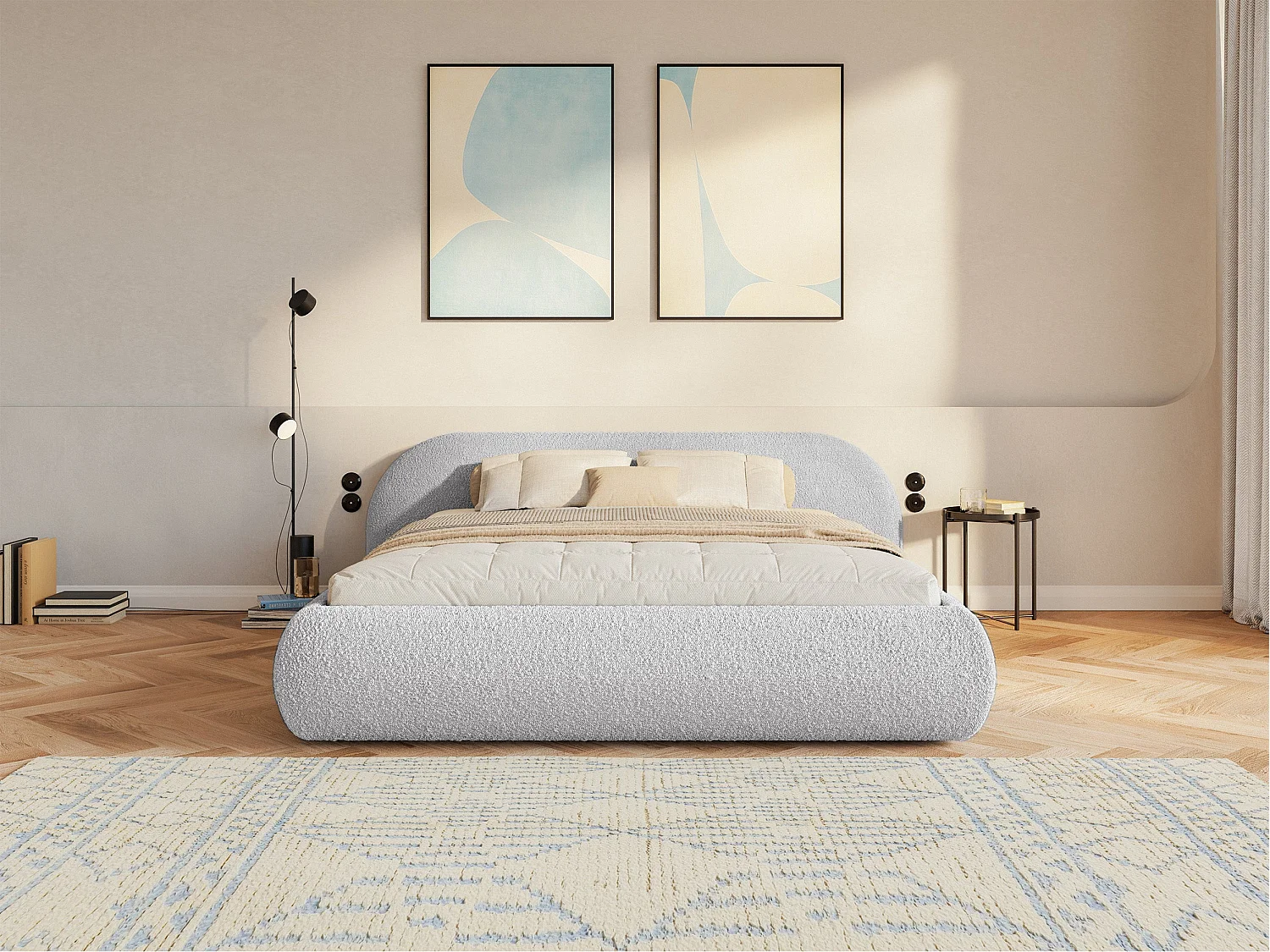 Polsterbett 160x200 mit Bettkasten – Bouclé – Hellgrau – SHELS LOW