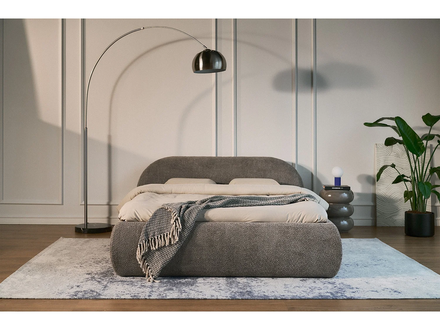 Lit rembourré 160x200 – avec coffre – en bouclé – marron – SHELS LOW