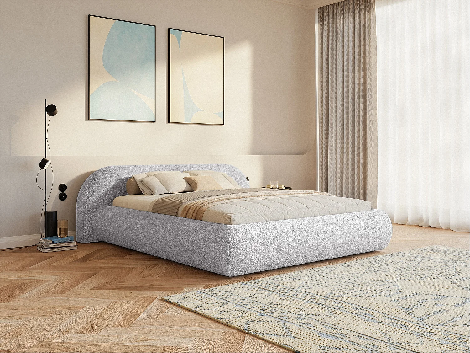 Lit rembourré 180x200 – en bouclé – gris clair – SHELS LOW