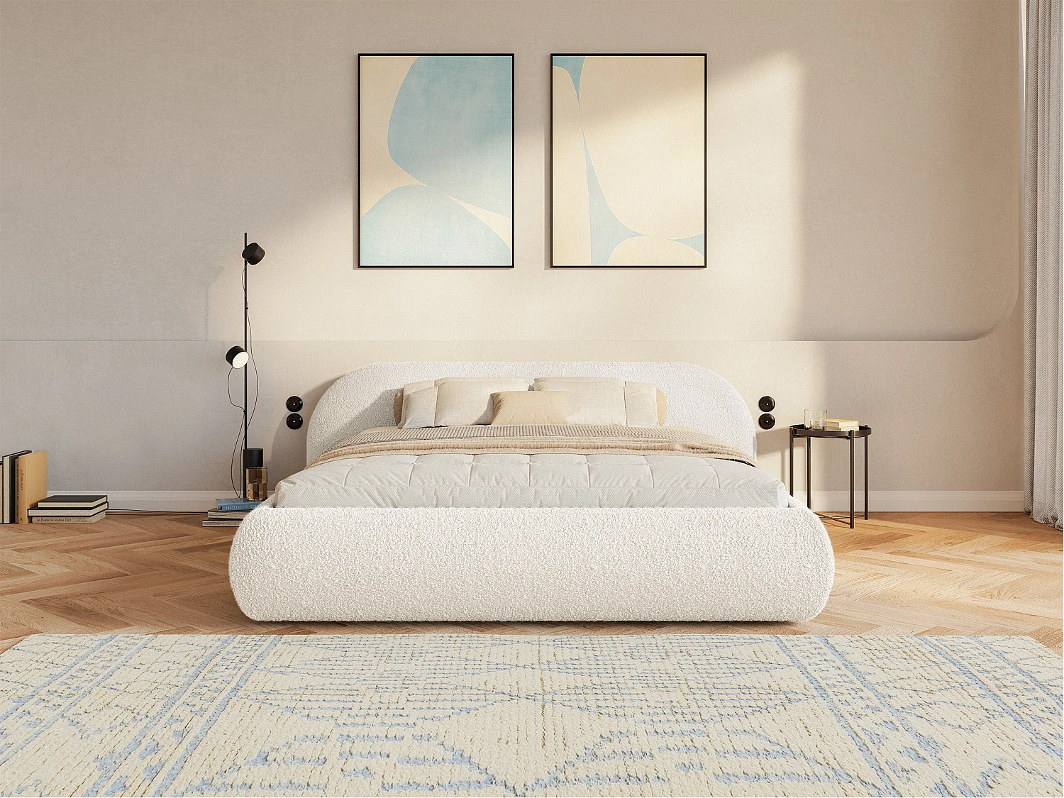 Lit rembourré 160x200 – avec coffre – en bouclé – crème – SHELS LOW