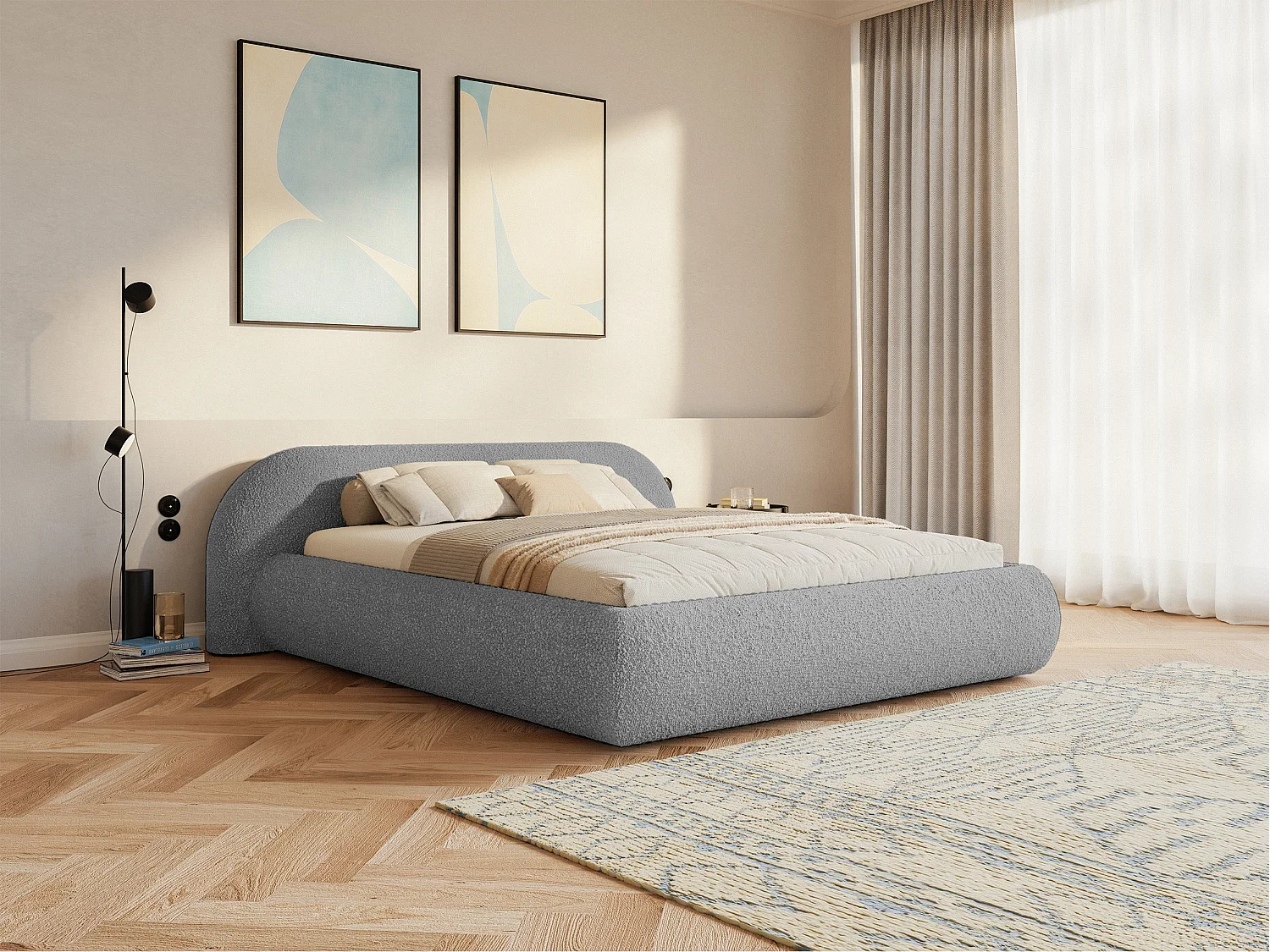 Polsterbett 160x200 – Bouclé – Grau – SHELS LOW